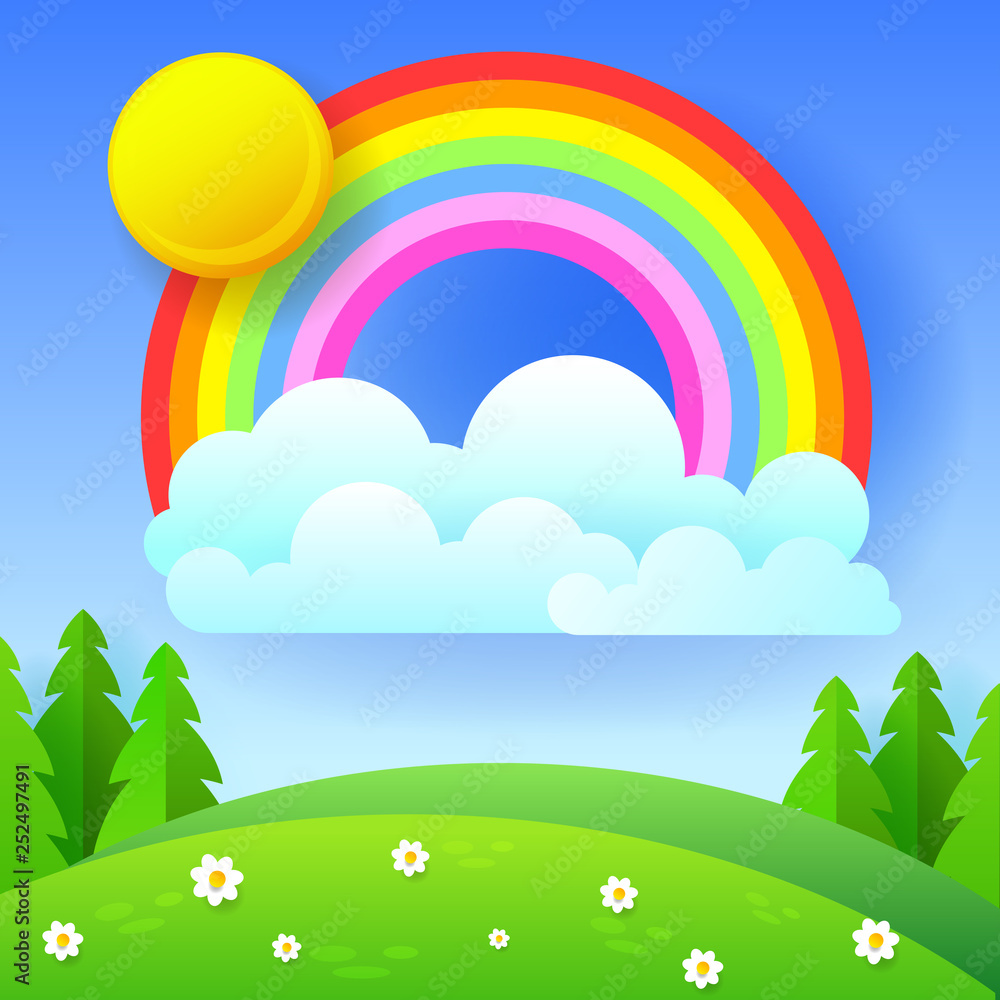 Beautiful Seasonal Background With Bright Rainbow, Flowers In Grass .