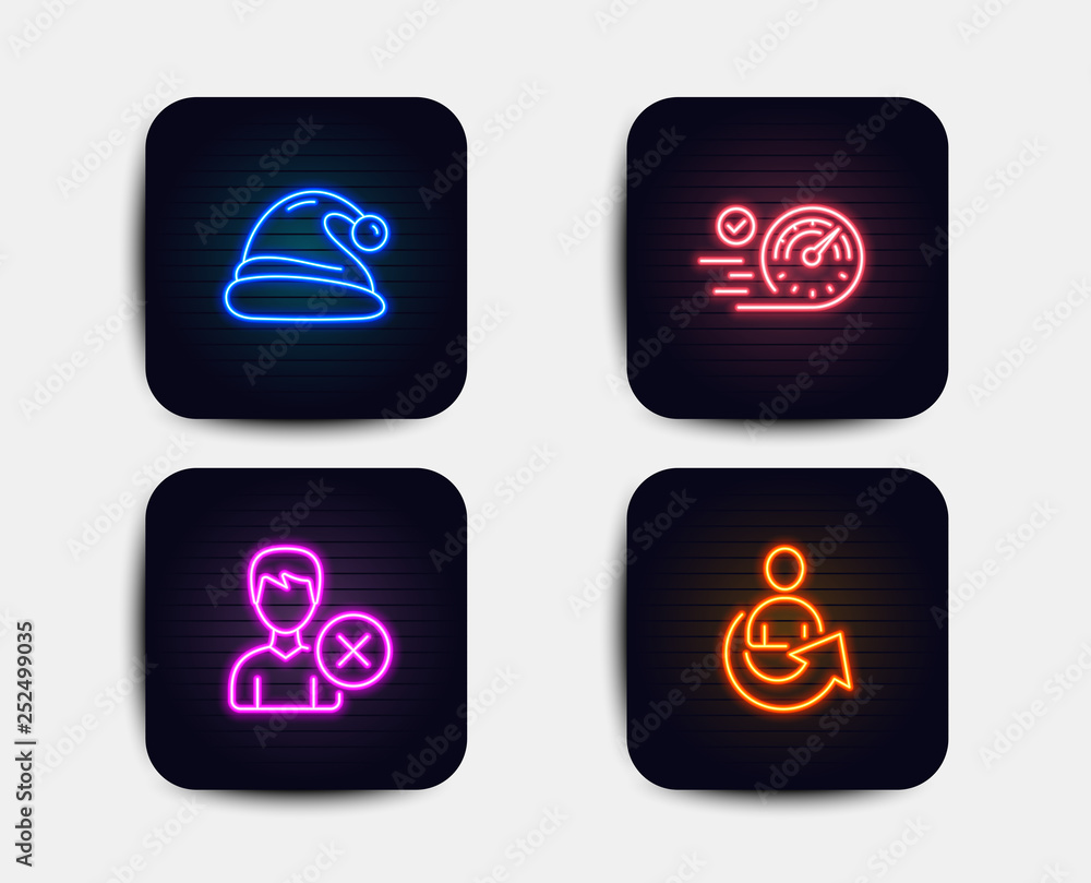 Neon glow lights. Set of Speedometer, Remove account and Santa hat icons. Share sign. Time concept, Delete user, Christmas. Referral person. Neon icons. Glowing light banners. Vector Neon glow lights. Set of Speedometer, Remove account and Santa hat icons. Share sign. Time concept, Delete user, Christmas. Referral person. Neon icons. Glowing light banners. Vector