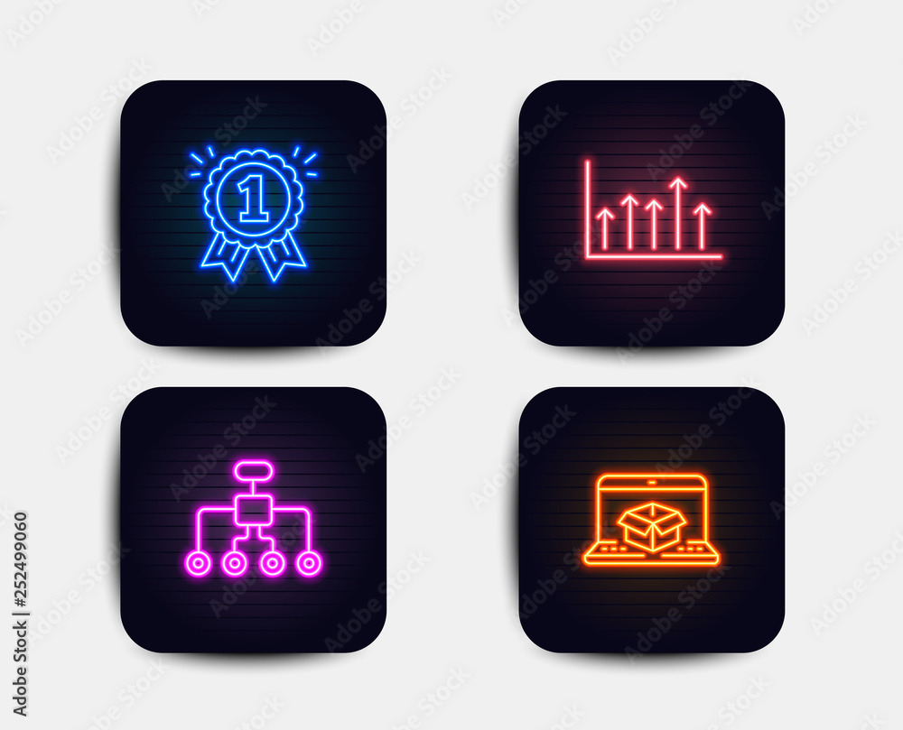 Neon set of Growth chart, Reward and Restructuring icons. Online delivery sign. Upper arrows, First place, Delegate. Parcel tracking website. Neon icons. Glowing light banners. Vector Neon set of Growth chart, Reward and Restructuring icons. Online delivery sign. Upper arrows, First place, Delegate. Parcel tracking website. Neon icons. Glowing light banners. Vector