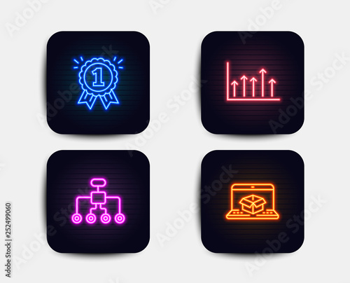 Neon set of Growth chart, Reward and Restructuring icons. Online delivery sign. Upper arrows, First place, Delegate. Parcel tracking website. Neon icons. Glowing light banners. Vector