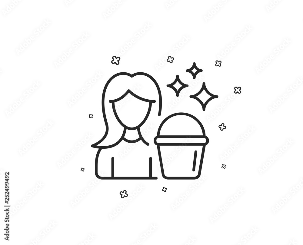 Cleaning service line icon. Woman with Bucket symbol. Washing Housekeeping equipment sign. Geometric shapes. Random cross elements. Linear Cleaning icon design. Vector Cleaning service line icon. Woman with Bucket symbol. Washing Housekeeping equipment sign. Geometric shapes. Random cross elements. Linear Cleaning icon design. Vector