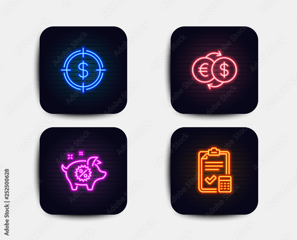 Neon set of Dollar target, Piggy sale and Money exchange icons. Accounting checklist sign. Aim with usd, Discounts, Eur to usd. Calculator. Neon icons. Glowing light banners. Vector