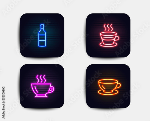 Neon set of Coffee, Coffee cup and Wine bottle icons. Espresso sign. Cappuccino, Tea mug, Cabernet sauvignon. Neon icons. Glowing light banners. Vector