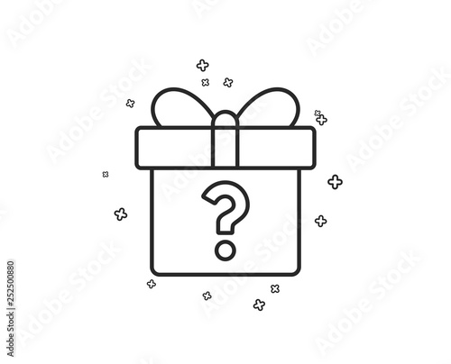 Gift box with Question mark line icon. Present or Sale sign. Birthday Shopping symbol. Package in Gift Wrap. Geometric shapes. Random cross elements. Linear Secret gift icon design. Vector