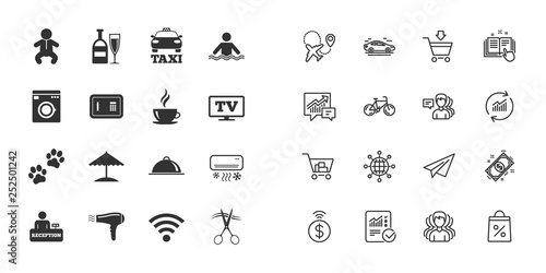 Set of Hotel services icons. Taxi, Wifi internet and Swimming pool signs. Coffee, Wine bottle and Air conditioning symbols. Paper plane, report and shopping cart icons. Group of people. Vector