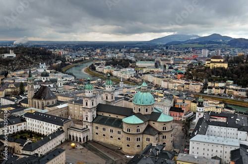 Beautiful view of Salzburg skyline with Festung Hohensalzburg and Salzach river in january, Salzburg, Salzburger Land, Austria