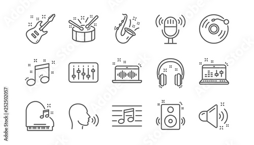 Music line icons. Guitar, Musical note and Headphones. Jazz saxophone linear icon set.  Vector
