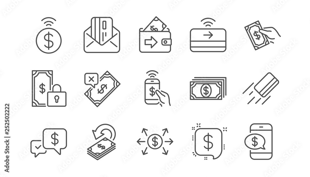 Money payment line icons. Accept transfer, Pay by Phone and Credit card. Cash linear icon set.  Vector