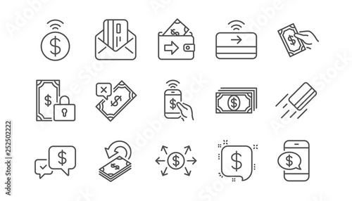 Money payment line icons. Accept transfer, Pay by Phone and Credit card. Cash linear icon set. Vector