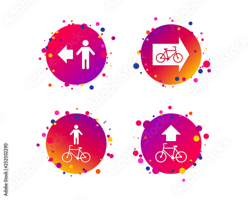 Pedestrian road icon. Bicycle path trail sign. Cycle path. Arrow symbol. Gradient circle buttons with icons. Random dots design. Vector