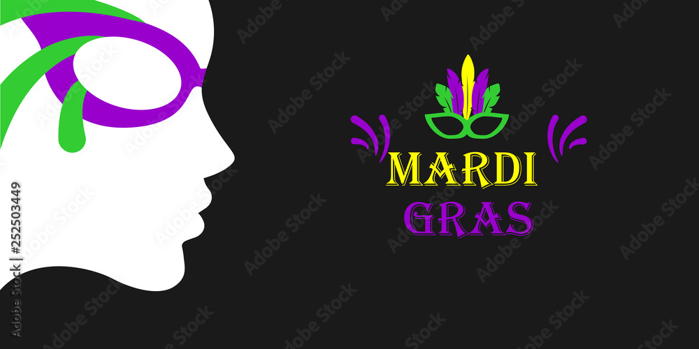 Mardi gras carnival design on black background. Fat tuesday, carnival, festival. Vector illustrion for greeting card, banner, gift packaging, poster