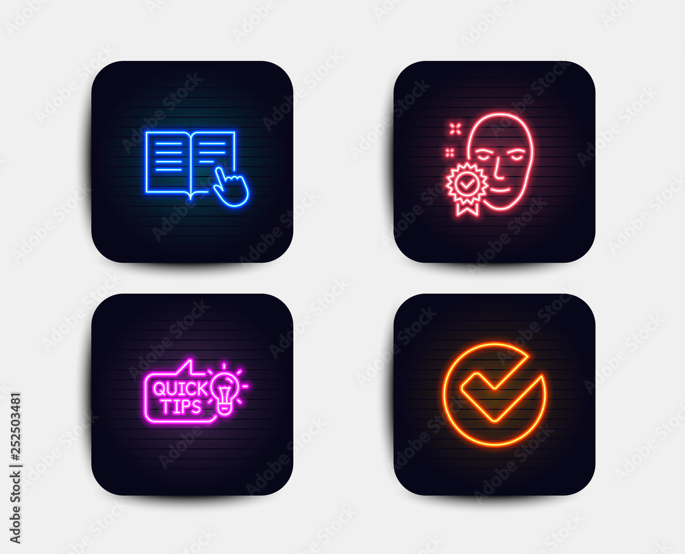 Neon glow lights. Set of Read instruction, Face verified and Education idea icons. Verify sign. Opened book, Access granted, Quick tips. Selected choice. Neon icons. Glowing light banners. Vector Neon glow lights. Set of Read instruction, Face verified and Education idea icons. Verify sign. Opened book, Access granted, Quick tips. Selected choice. Neon icons. Glowing light banners. Vector