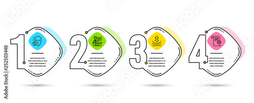 Infographic template 4 options or steps. Set of Face protection, Resilience and Exhibitors icons. Technical documentation sign. Secure access, Elastic, Information desk. Manual. Vector