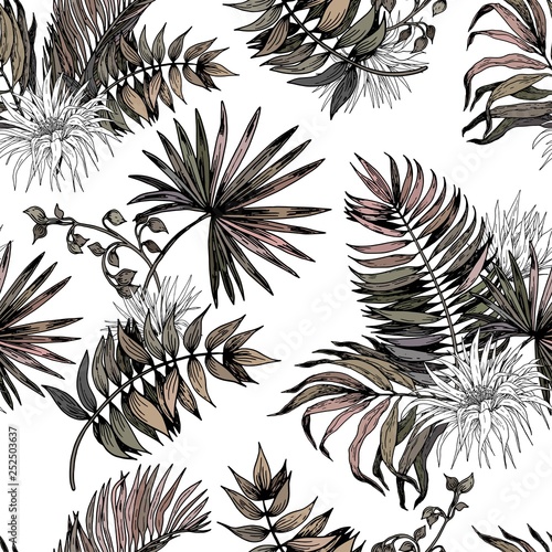 Wallpaper Mural Seamless pattern with tropical leaves and exotic flowers. Hand drawn vector on white background. Torontodigital.ca