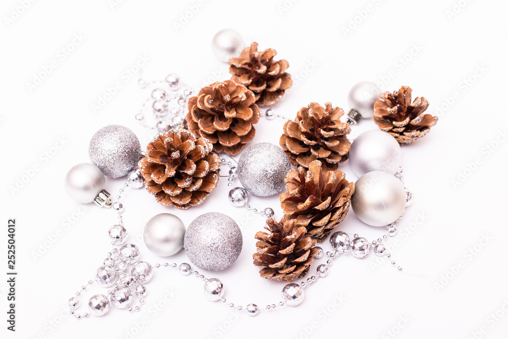 Christmas Composition. X-mas pattern with pine cones, fir branches, christmas gift. Top view, flat lay