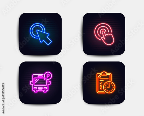 Neon glow lights. Set of Click, Bus parking and Click here icons. Exam time sign. Cursor pointer, Public park, Push button. Checklist.  Neon icons. Glowing light banners. Vector