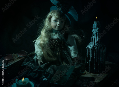 Fotobehang Demonic doll in the dark