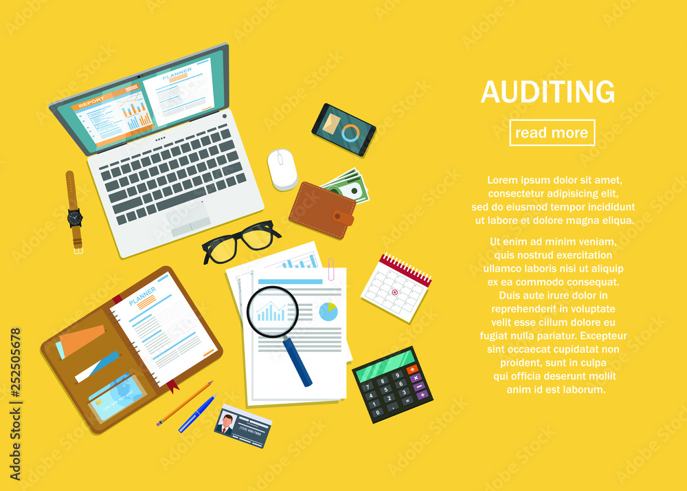 Auditing and business analysis concept. Financial adviser, auditing tax process, big data analysis, auditing tax process, seo analytics, financial report.