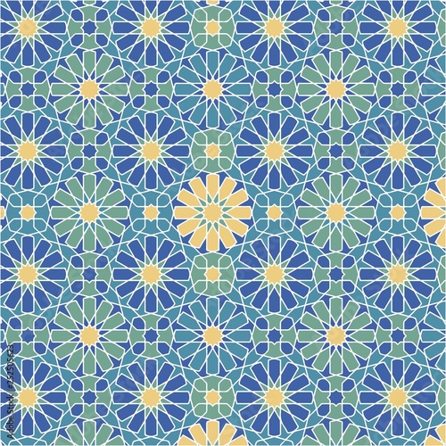 Abstract geometric mosaic pattern, marbled tiles zellij in Moroccan style, textured seamless illustration