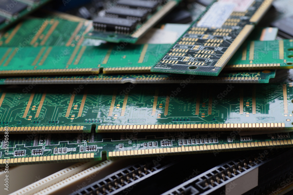 Big close-up. RAM modules, designed to recover valuable raw materials, including gold.