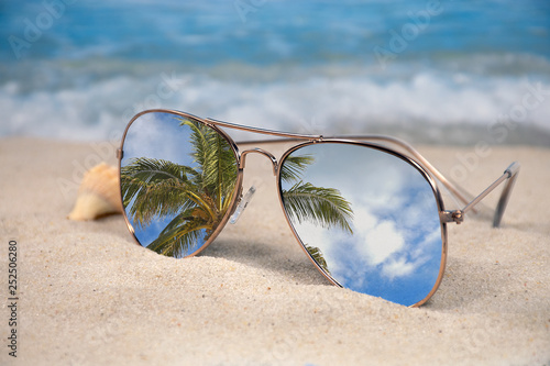 tropical palm tree reflection in sunglasses with seashell in beach sand