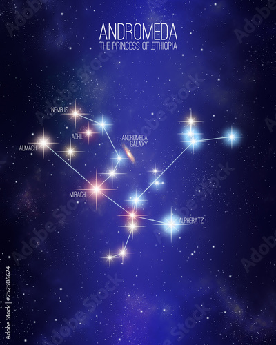 Andromeda the princess of Ethiopia constellation on a starry space background with the names of its main stars. Relative sizes and different color shades based on the spectral star type. photo