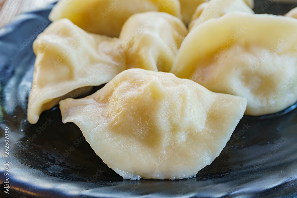 Close up shot of boiled pork dumpling Close up shot of boiled pork dumpling