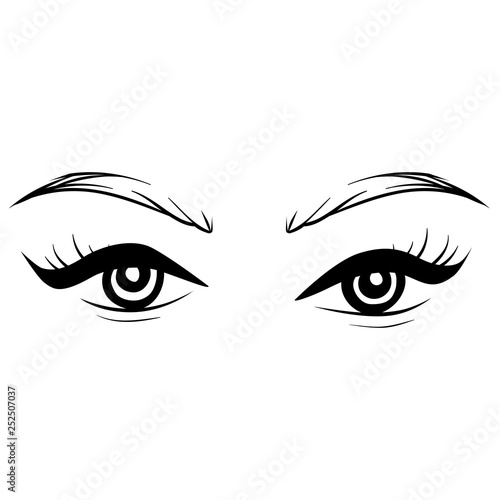 Vector Hand drawn beautiful female eyes with long black eyelashes and brows.