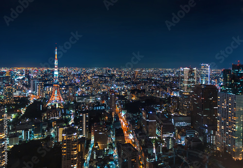 Aerial view of Tokyo Tower at night in Japan