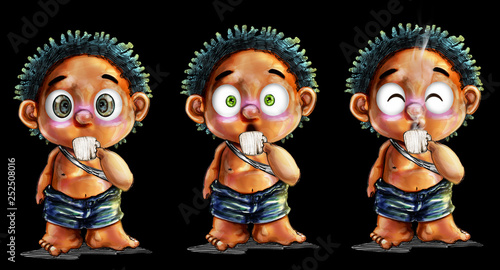 Little tribe boy cartoon character design 3 cute acting of barbarian with hot drink