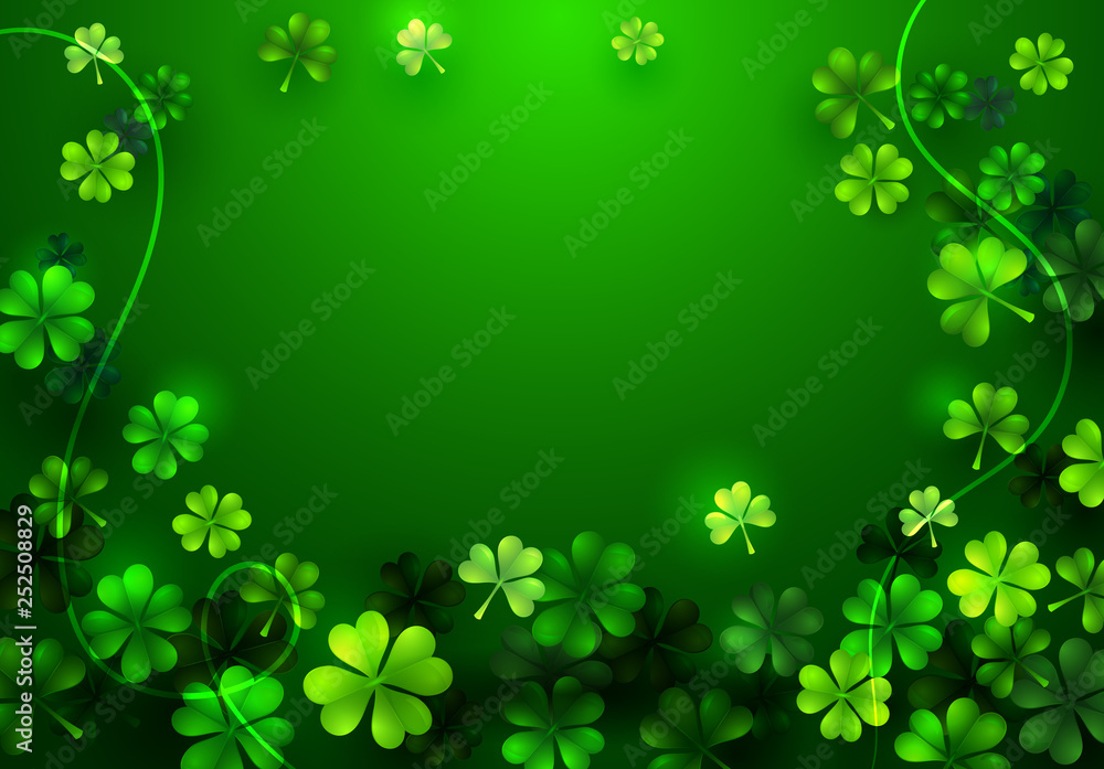 Stylish Happy Saint Patricks Day Blank Greeting Card or Poster with Clover on Green Background. Irish Holiday Concept Wallpaper Design. Abstract Clover Leaf Flat Cartoon Vector Illustration Stylish Happy Saint Patricks Day Blank Greeting Card or Poster with Clover on Green Background. Irish Holiday Concept Wallpaper Design. Abstract Clover Leaf Flat Cartoon Vector Illustration