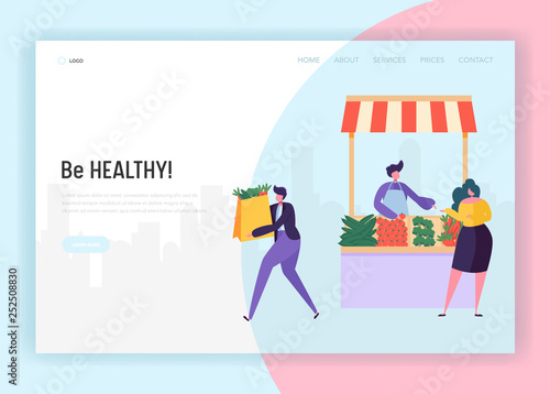Rancher Nature Good Food Store Concept Landing Page. Man and Woman Customer Character Buy Carrot Tomato Broccoli Website or Web Page. Healthy Ecomarket Flat Cartoon Vector Illustration
