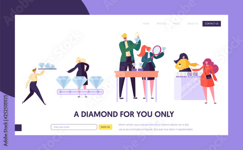 Jeweler Seller Hold Gem Landing Page. Woman Character Choose Luxury Diamond Ring at Store. Jewelry Industry Concept Website or Web Page. Wedding Symbol Flat Cartoon Vector Illustration