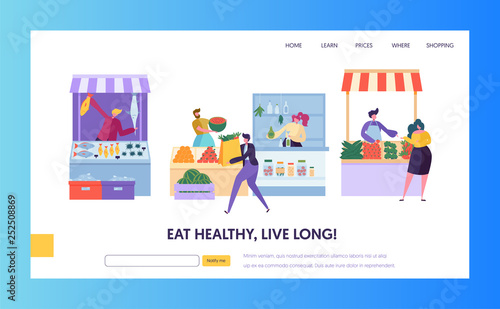 Fresh Food Farmer Organic Market Concept Landing Page. Man Customer Character Choose Vegetable Fruit Fish Seafood Website or Web Page. Healthy Ecomarket Flat Cartoon Vector Illustration