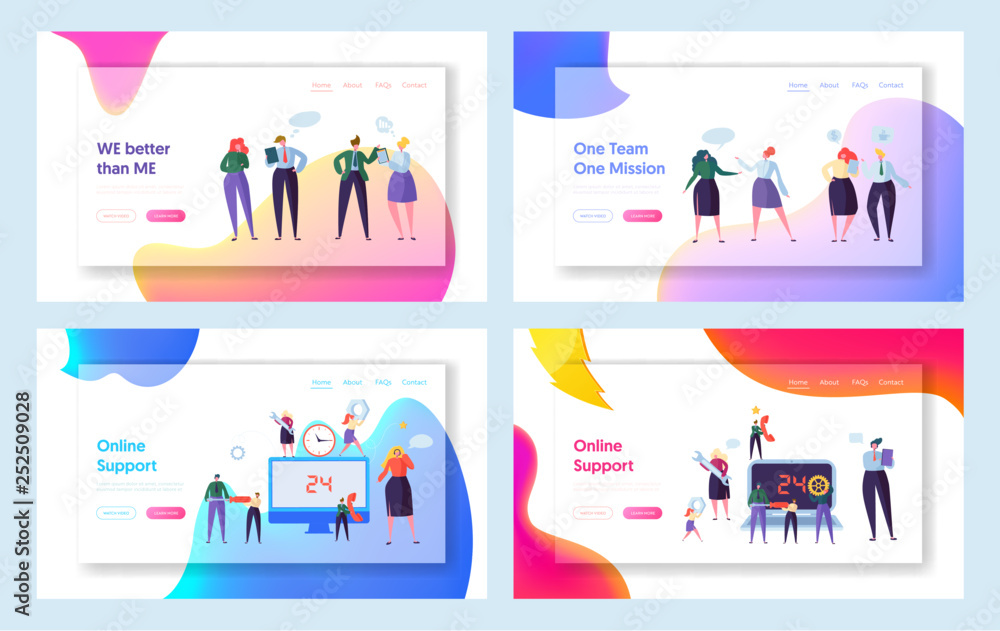 Online Global Technical Support Concept Set Landing Page. Talking Male and Female Character Teamwork in Office Suit. Work Together Searching New Idea. Teamwork Flat Cartoon Vector Illustration