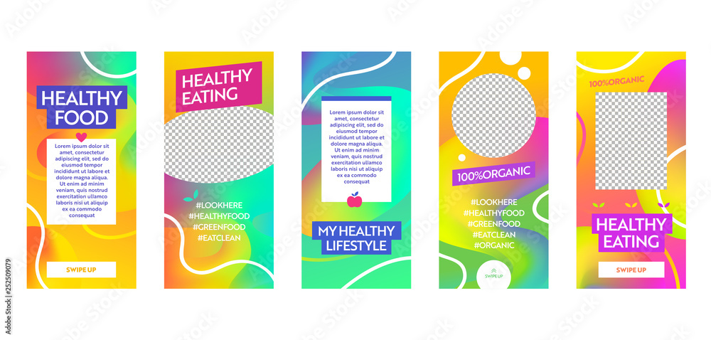 Instagram Story Template Healthy Food Eating Lifestyle Mobile App Page Onboard Screen Set. Bright Content Frame Design. Social Media Background Website or Web Page. Flat Cartoon Vector Illustration