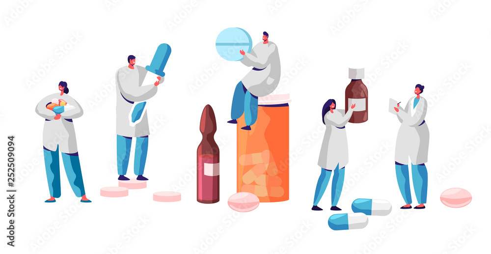 Pharmacist Character Medicine Drug Store Set. Pharmacy Business Industry  Professional People. Online Health Care Infographic Background. Pill and  Bottle Healthcare Flat Cartoon Vector Illustration Stock Vector | Adobe  Stock