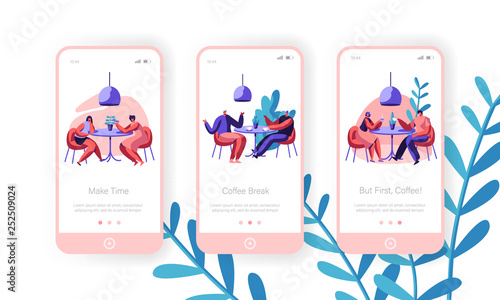 People Drink Coffee Mobile App Page Onboard Screen Set. Man and Woman Talking at Cafe Table. Business Lunch Concept for Cafeteria Website or Web Page. Flat Cartoon Vector Illustration