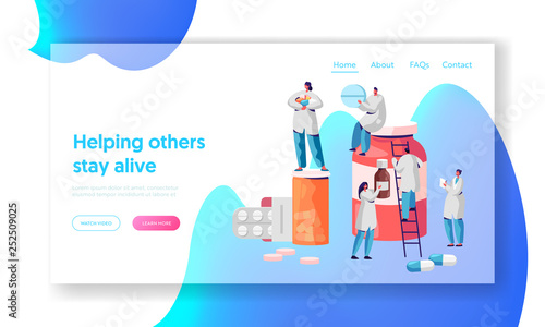 Pharmacist Character Medicine Drug Store Landing Page. Pharmacy Business Industry Professional People. Online Health Care Infographic Background Website or Web Page. Flat Cartoon Vector Illustration