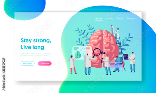 Laboratory Scientist Group Study Human Brain and Psychology Landing Page. Medical Research Microscope. Head Tomography Diagnostics Hemisphere Website or Web Page. Flat Cartoon Vector Illustration
