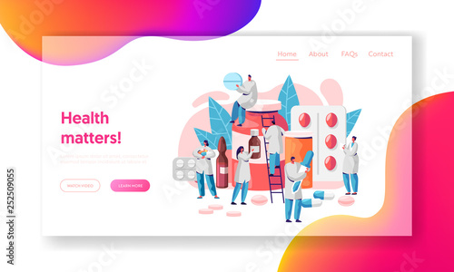 Pharmacist Medicine Drug Store Landing Page. Pharmacist Care for Patient. Medicine Industry. Online Drugstore Infographic Background Website or Web Page. Flat Cartoon Vector Illustration