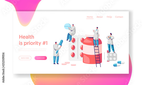 Pharmacy Business Medicine Drug Store Landing Page. Pharmacist Care for Patient. Pharmaceutical Science. Online Drugstore Infographic Background Website or Web Page. Flat Cartoon Vector Illustration