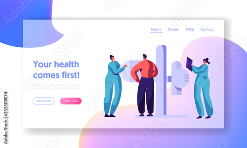 Man Character Check Xray Healthcare Concept Landing Page. Medical Radiology Modern Machine for X Ray Skeleton Chest Checkup. Patient Scan Health Website or Web Page. Flat Cartoon Vector Illustration