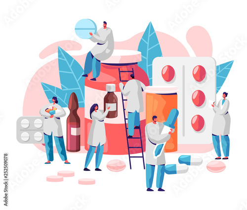 Pharmacy Business Medicine Drug Store Character. Pharmacist Care for Patient. Professional Pharmaceutical Science. Online Pill Drugstore Infographic Background. Flat Cartoon Vector Illustration