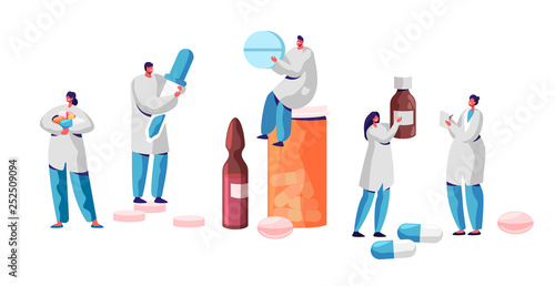 Pharmacist Character Medicine Drug Store Set. Pharmacy Business Industry Professional People. Online Health Care Infographic Background. Pill and Bottle Healthcare Flat Cartoon Vector Illustration
