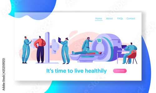 Man Patient Check Xray Mri Health Landing Page. Medical Radiology Screen Machine X Ray Radiation Chest Checkup. Bone Scanner Radiographer Equipment Website or Web Page Flat Cartoon Vector Illustration
