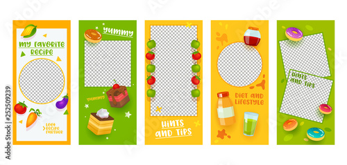 Instagram Story Template Food Diet Recipe Mobile App Page Onboard Screen Set. Colorful Fruit Vegetable Cake Idea Design. Social Media Background Website or Web Page. Flat Cartoon Vector Illustration