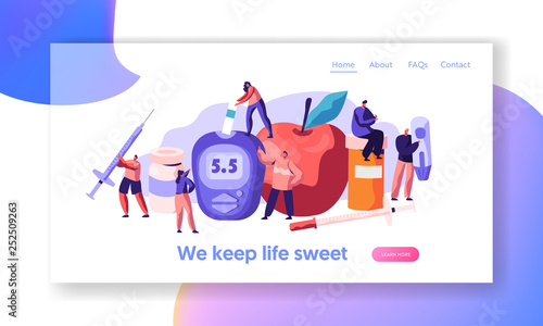 Diabetic Blood Glucose Level Test at Digital Glucometer Landing Page. Insulin Drop for Health Care Treatment. Doctor Measuring Sugar at Monitoring Equipment Web Page Flat Cartoon Vector Illustration
