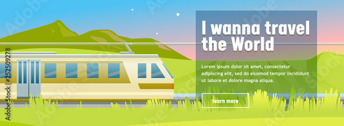 Modern Highspeed Train Rides in Stylish Mountain Background. Holiday Adventure Travel Design Concept. Good for Advertisement Banner Poster Card. Journey Symbol Flat Cartoon Vector Illustration