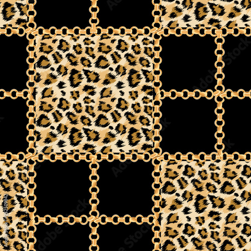 Luxury Fashion Fabric Seamless Pattern with Golden Chains and Leopard Skin Background. Wildlife Animal Fur and Gold Jewellry Wallpaper for Textile Design. Vector illustration
